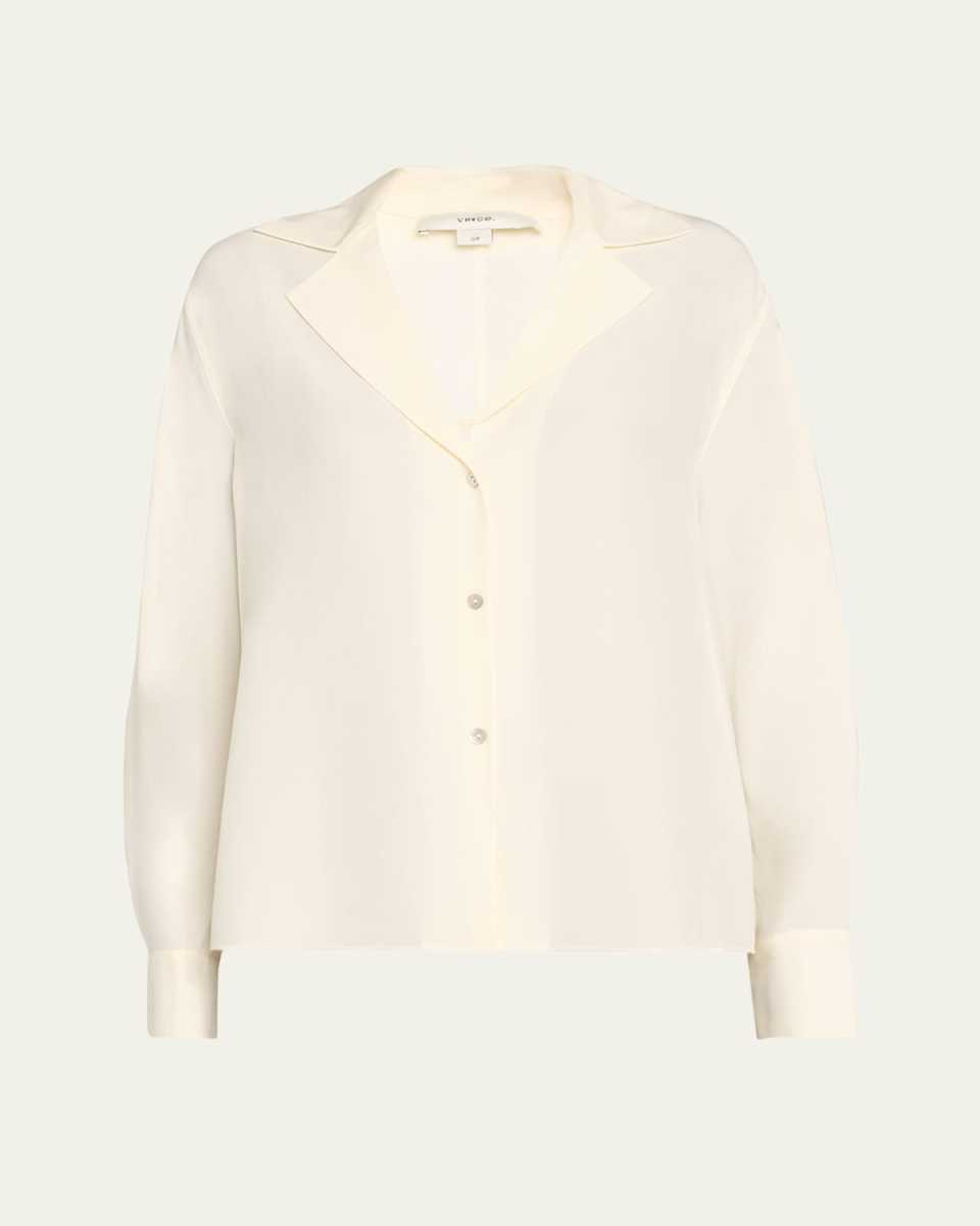 Silk Lapel-Collar Dolman-Sleeve Blous